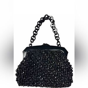 Vintage Olympic Accessory 60s Black Wicker Raffia Beaded Italy handbag